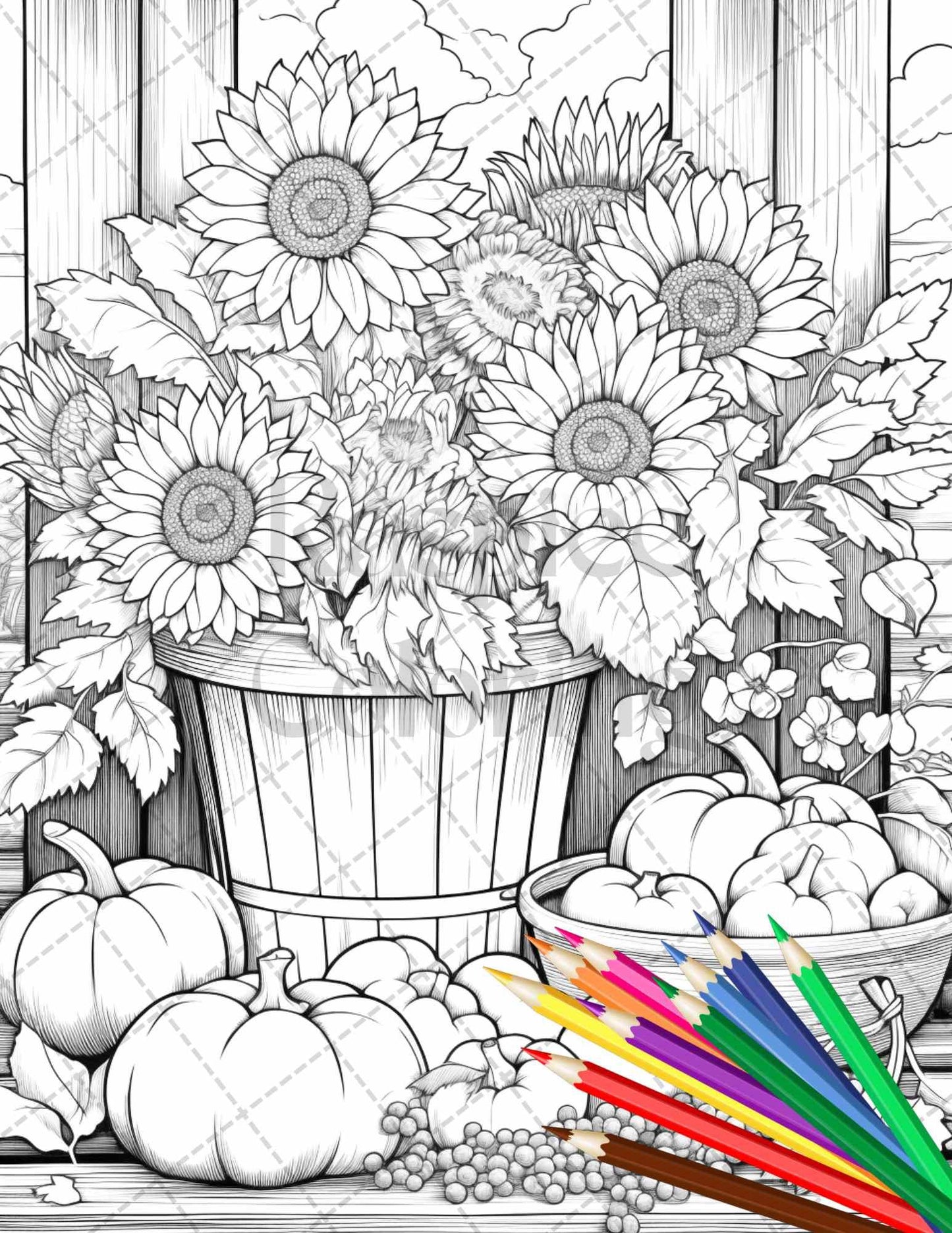 Autumn Harvest Grayscale Coloring Pages Printable for Adults, Relaxing Fall Themed Art, PDF File Instant Download