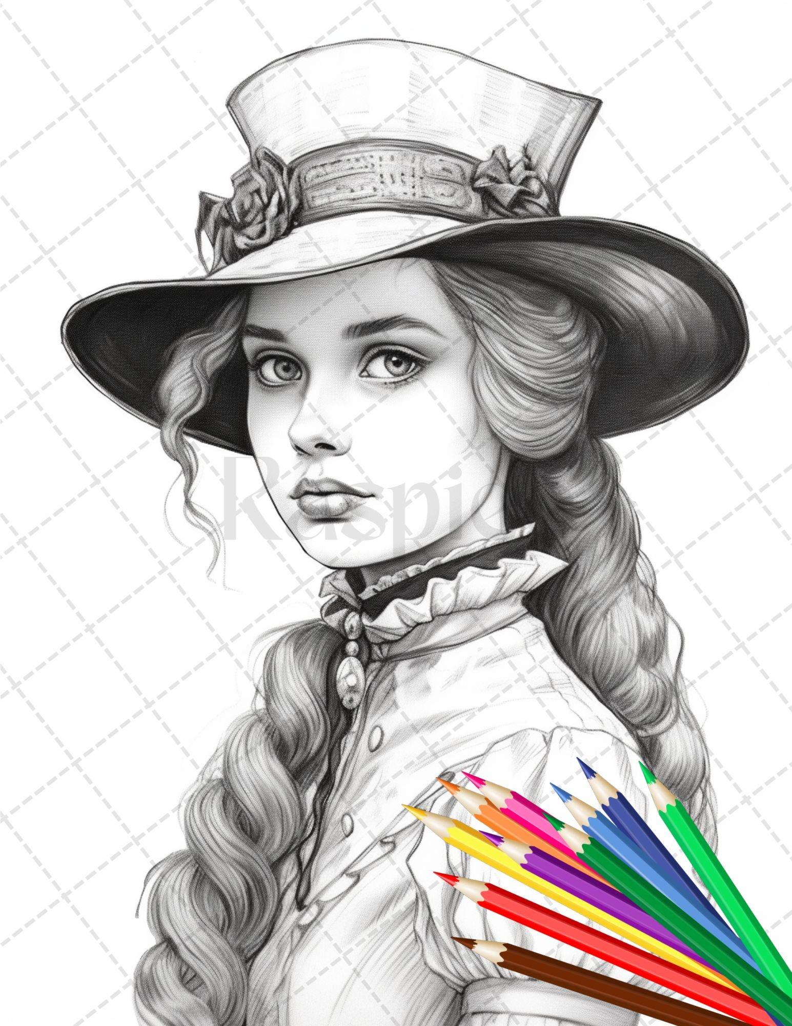 36 Beautiful Victorian Girls Coloring Pages Printable for Adults, Grayscale Coloring Page, PDF File Instant Download