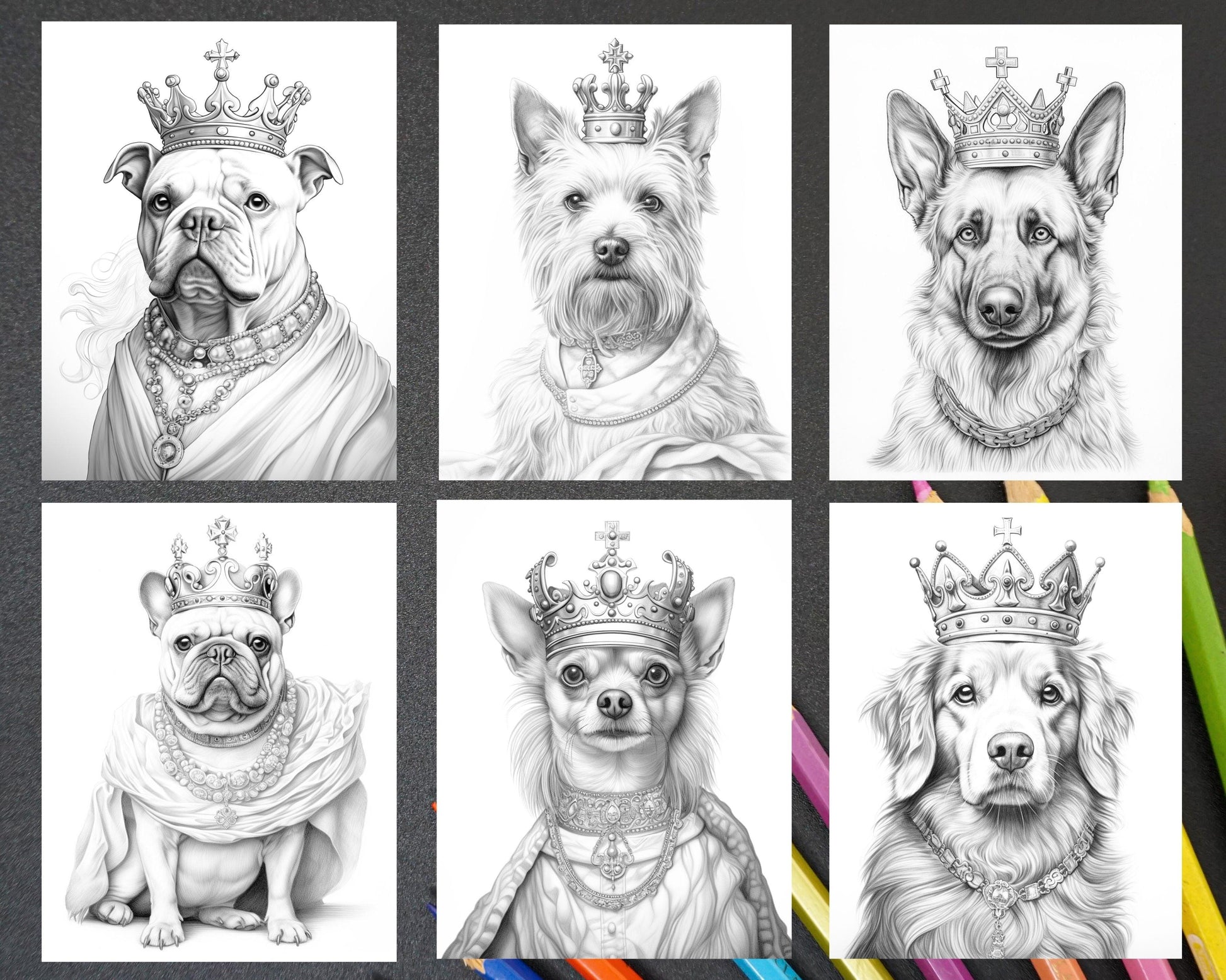 50 Royal King Dog Grayscale Coloring Pages for Adults, Printable PDF Instant Download