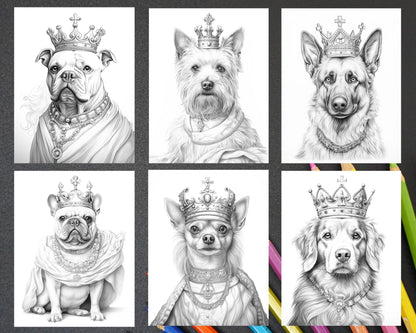 50 Royal King Dog Grayscale Coloring Pages for Adults, Printable PDF Instant Download