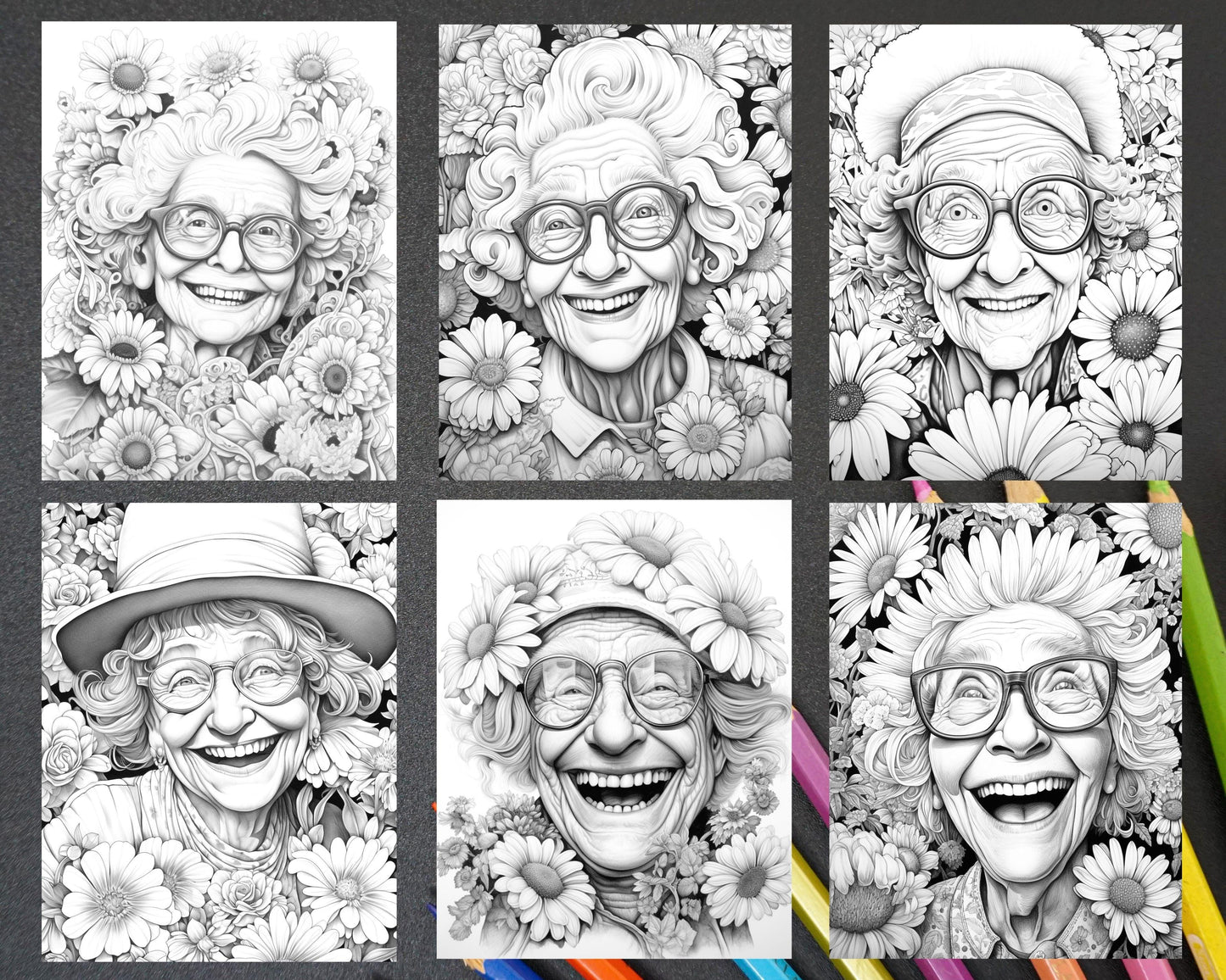 50 Funny Grandma Grayscale Coloring Pages for Adults, Printable PDF Instant Download