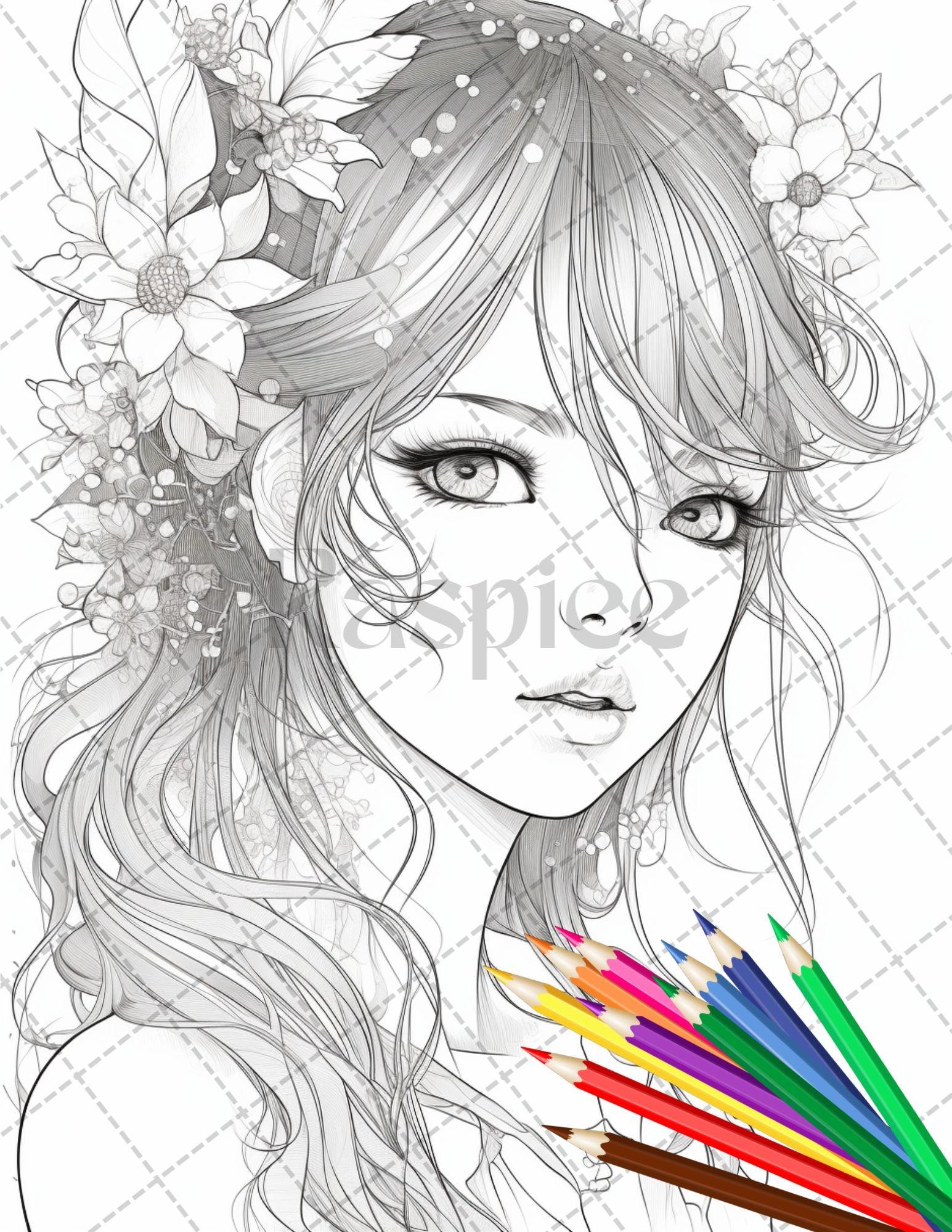 32 Anime Fairy Girl Printable Coloring Pages for Adults, Cute Fairy Grayscale Coloring Book, Printable PDF File Download