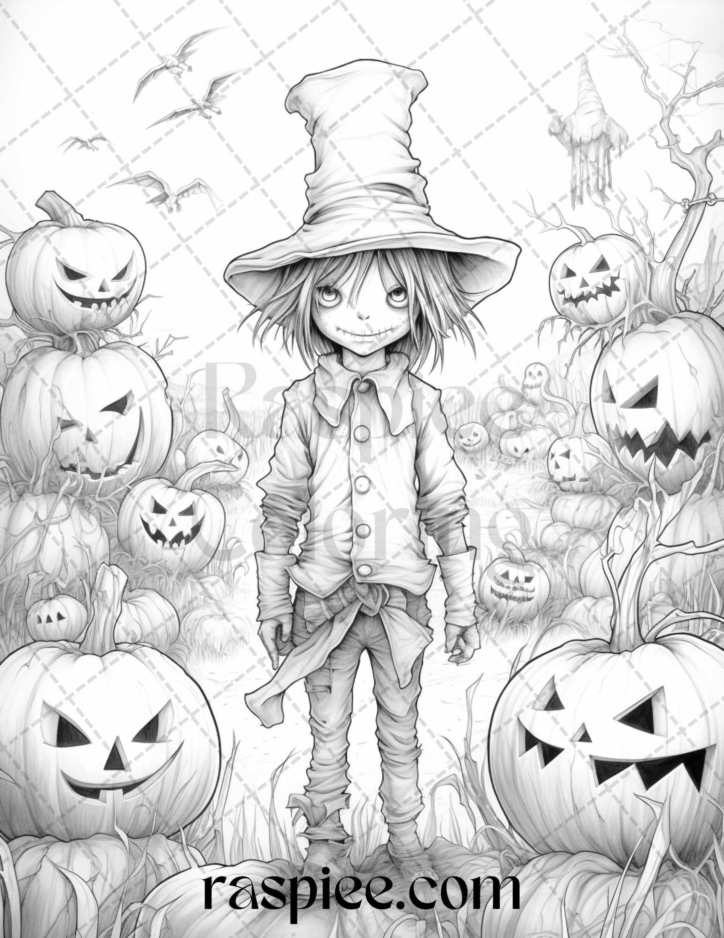 50 Halloween Scarecrows Grayscale Coloring Pages Printable for Adults, PDF File Instant Download