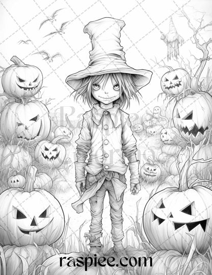 50 Halloween Scarecrows Grayscale Coloring Pages Printable for Adults, PDF File Instant Download