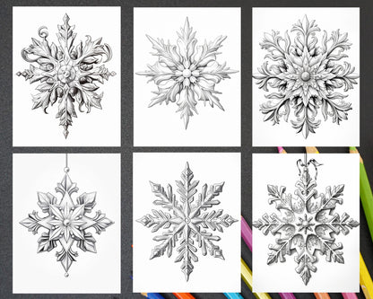 50 Christmas Snowflake Grayscale Coloring Pages for Adults, Printable PDF Instant Download