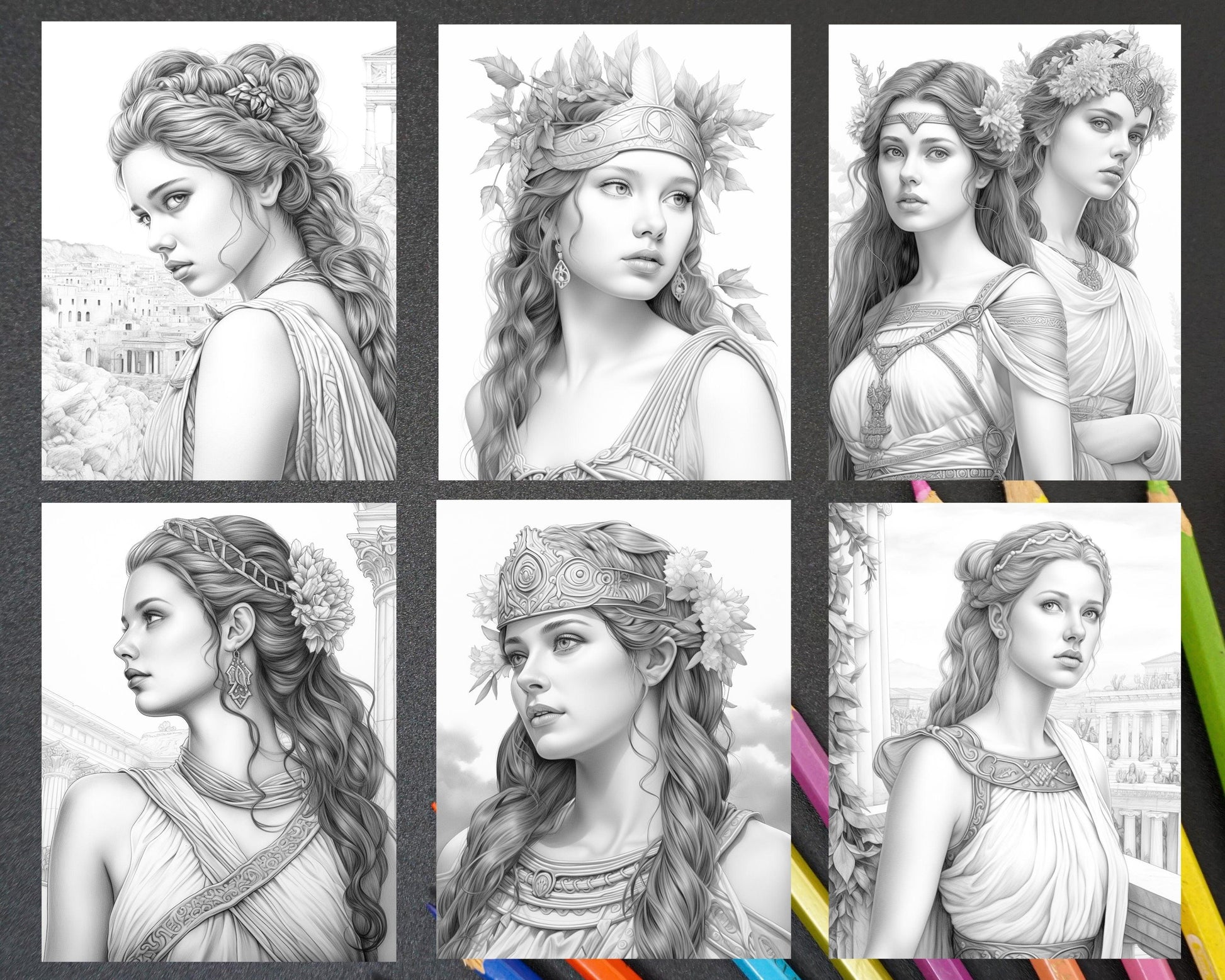 60 Ancient Greece Women Grayscale Coloring Pages for Adults, Printable PDF Instant Download