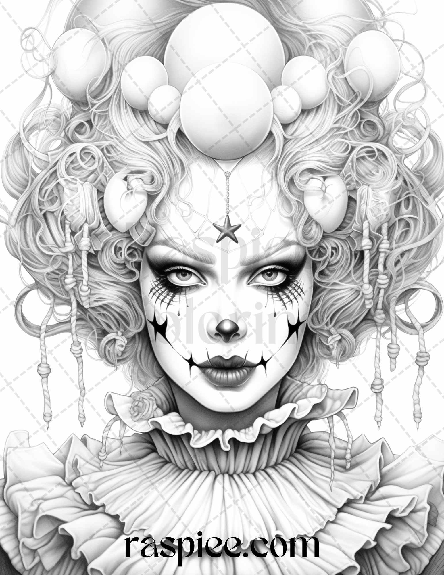 50 Scary Clown Girls Grayscale Coloring Pages Printable for Adults, PDF File Instant Download