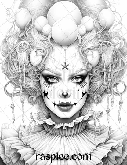 50 Scary Clown Girls Grayscale Coloring Pages Printable for Adults, PDF File Instant Download