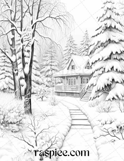 Winter Scenery Grayscale Coloring Pages Printable, Relaxing Snowy Landscapes, PDF File Instant Download