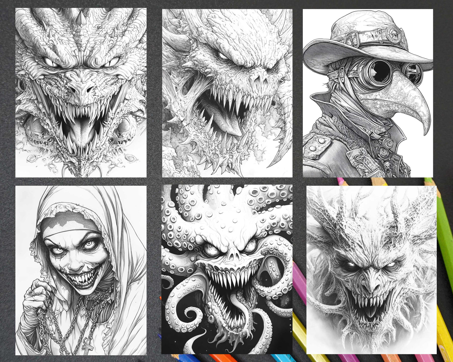 Horror Demons Halloween Adult Coloring Pages Printable PDF Instant Download