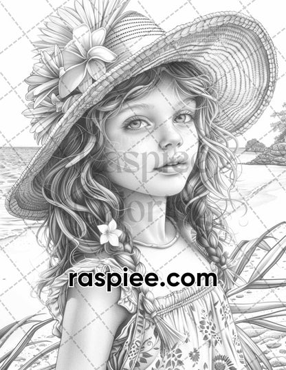 65 Summer Little Girls Portrait Grayscale Adult Coloring Pages Printable PDF Instant Download