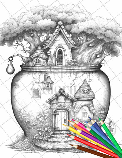 Fairy House in Jar Grayscale Coloring Pages Printable for Adults, PDF File Instant Download