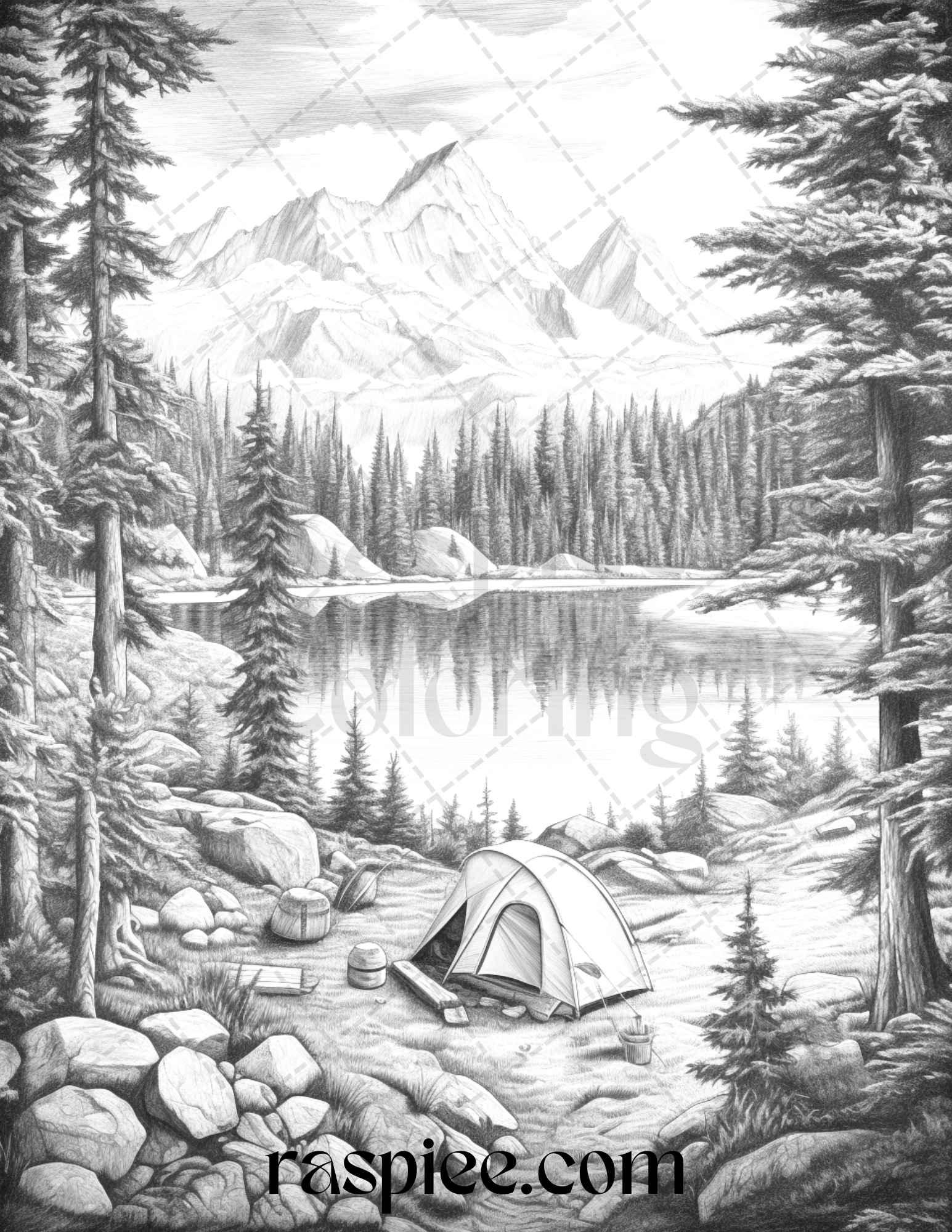 Nature Camping Grayscale Coloring Pages Printable, Relaxing Outdoor Scenes, PDF File Instant Download