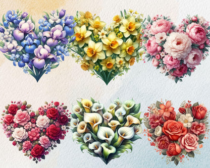 Romantic Heart-Shaped Flowers Clipart Bundle, 35 PNG High-Res Files for DIY and Commercial Use