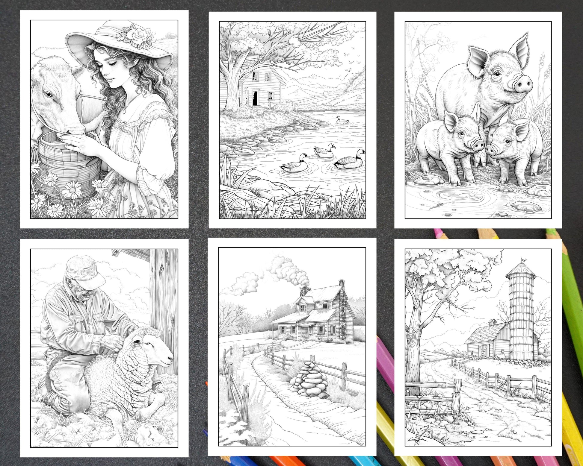 50 Country Farm Scenes Adult Coloring Pages Printable PDF Instant Download