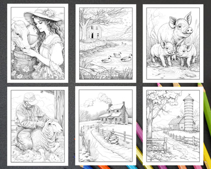 50 Country Farm Scenes Adult Coloring Pages Printable PDF Instant Download