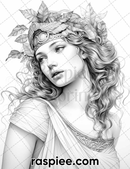 52 Mythology Gods Grayscale Coloring Pages for Adults, Printable PDF Instant Download