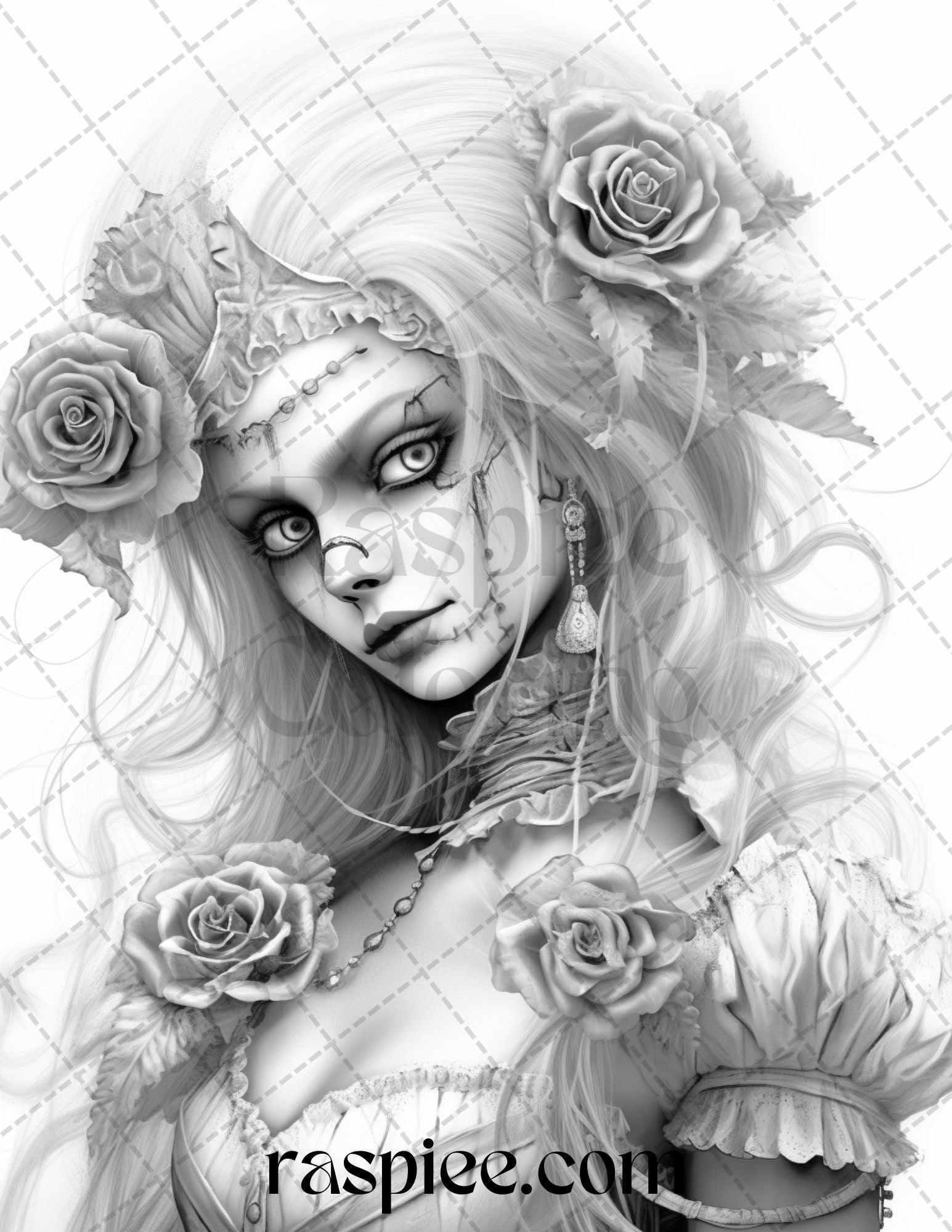 55 Halloween Girls Grayscale Coloring Pages Printable for Adults, PDF File Instant Download