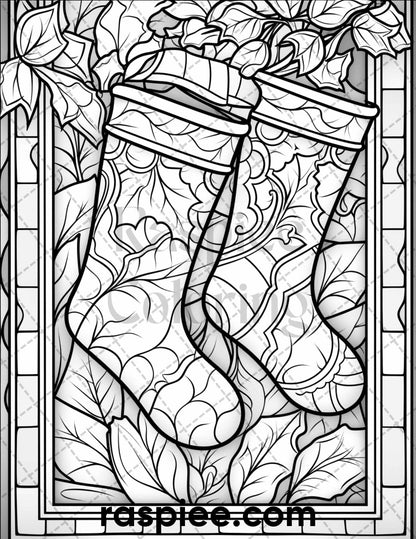 50 Christmas Stained Glass Grayscale Coloring Pages for Adults, Printable PDF File Instant Download