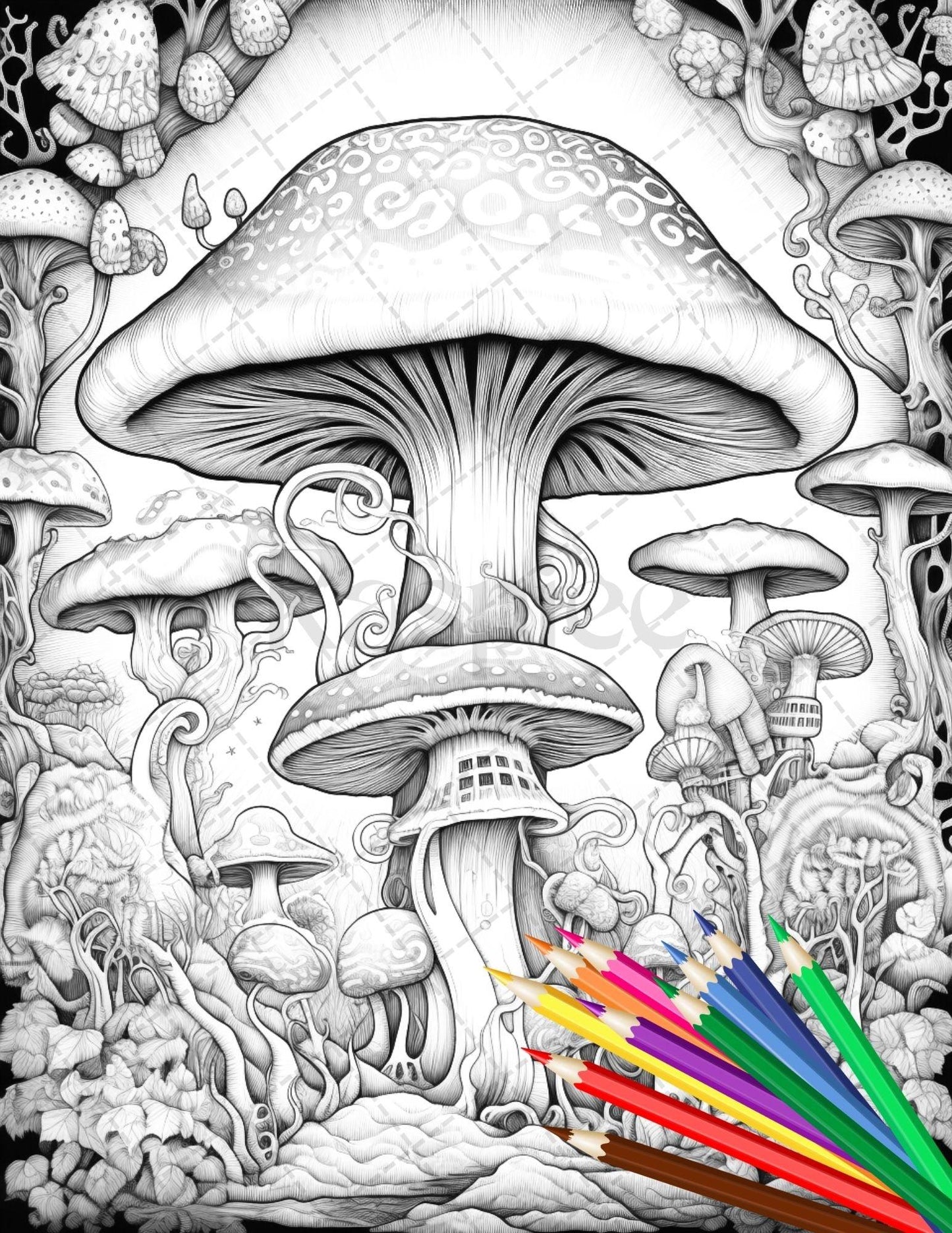 Psychedelic Mushroom Forest Coloring Book Printable for Adults, Trippy Grayscale Coloring Page, PDF File Instant Download