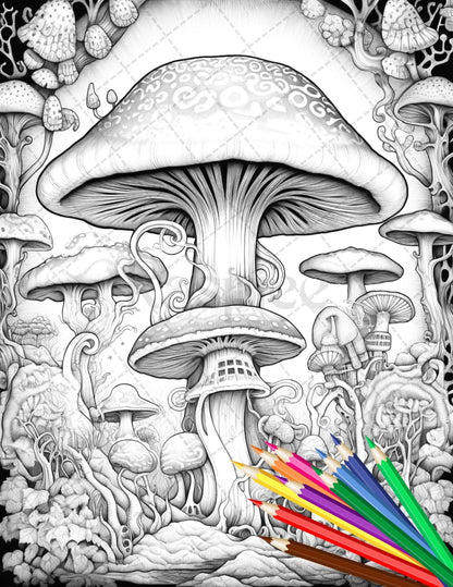 Psychedelic Mushroom Forest Coloring Book Printable for Adults, Trippy Grayscale Coloring Page, PDF File Instant Download