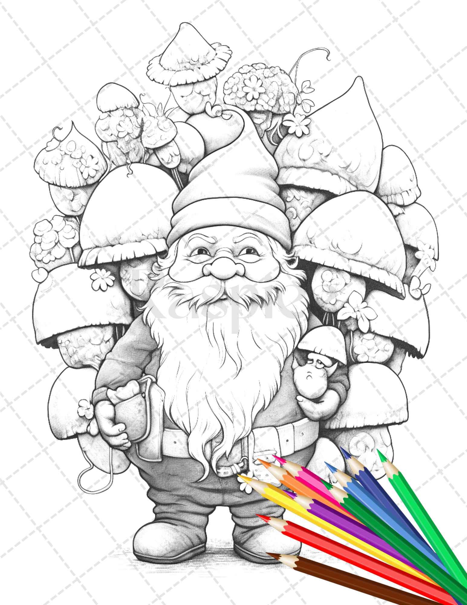 33 Gnome Love Coloring Pages Printable for Adults, Grayscale Coloring Page, PDF File Instant Download