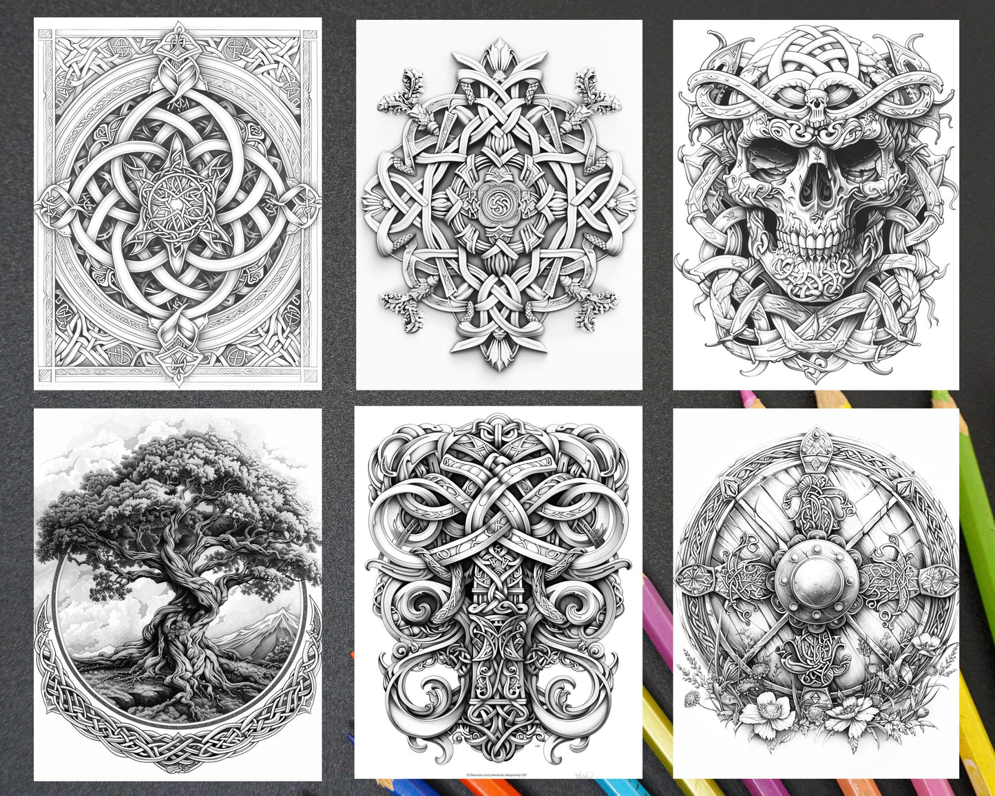 87 Viking Tattoos Grayscale Adult Coloring Pages Printable PDF Instant Download