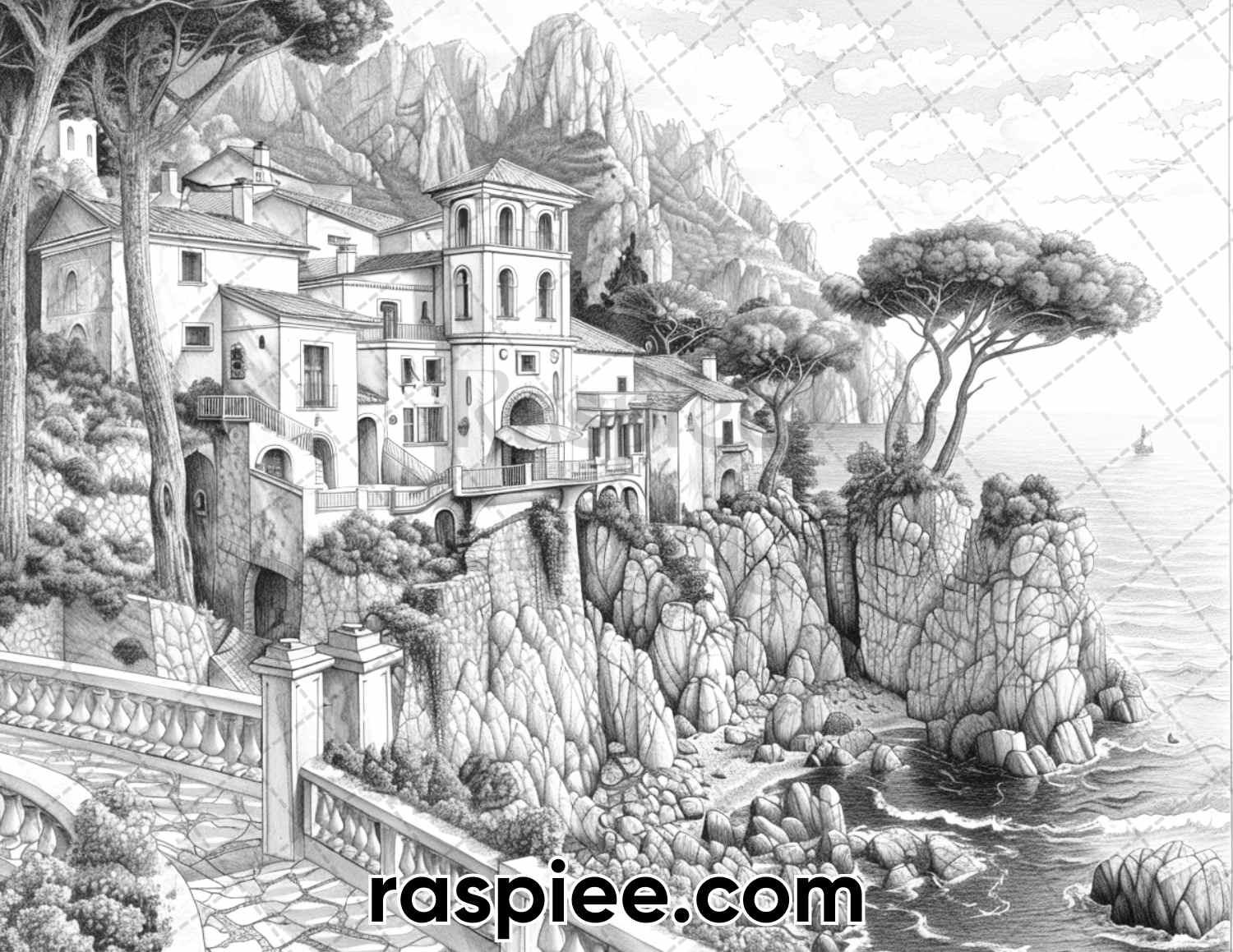 65 Coastal Landscapes Grayscale Adult Coloring Pages, Printable PDF Instant Download