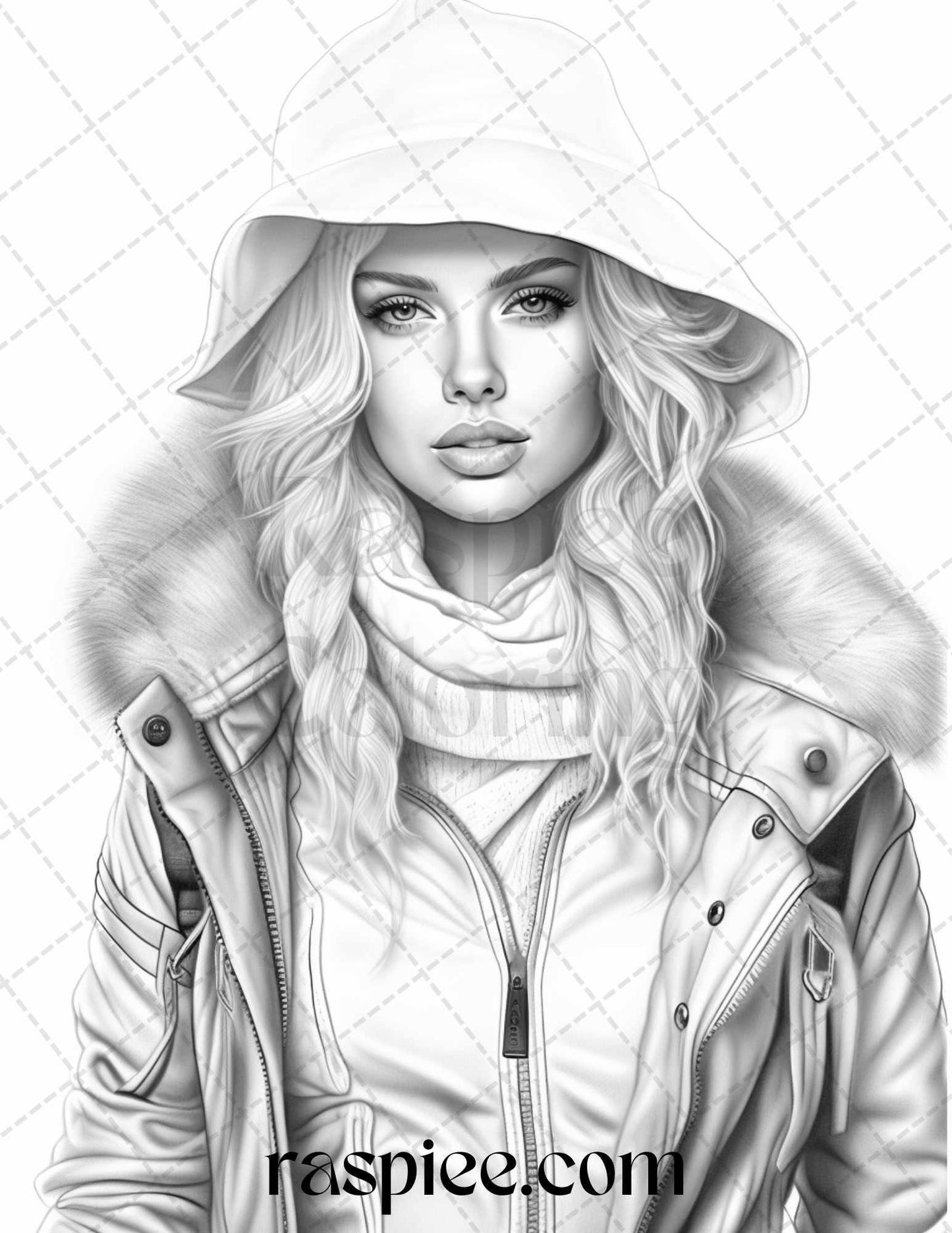 40 Winter Fashion Grayscale Coloring Pages Printable for Adults, PDF File Instant Download