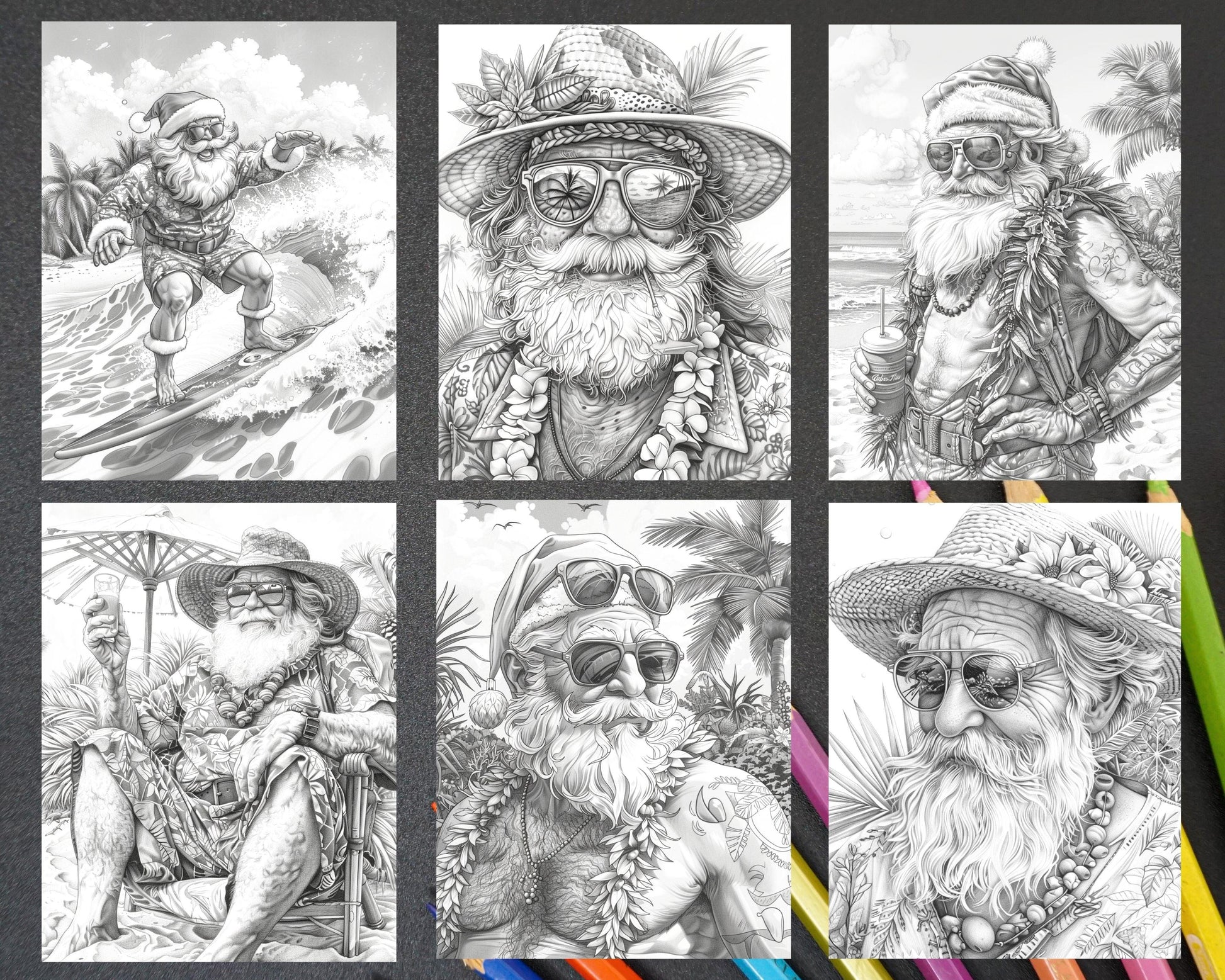 60 Santa Christmas in July Grayscale Adult Coloring Pages Printable PDF Instant Download