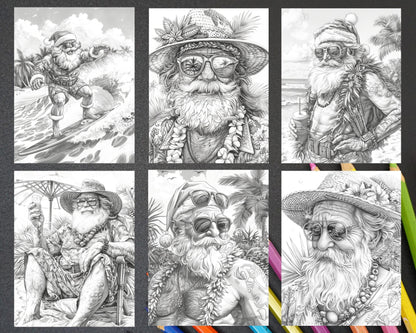 60 Santa Christmas in July Grayscale Adult Coloring Pages Printable PDF Instant Download