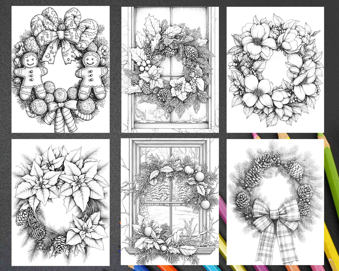 72 Christmas Wreaths Adult Coloring Pages