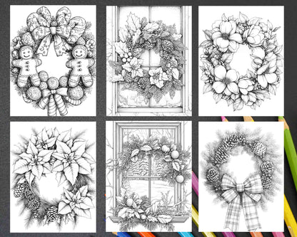 72 Christmas Wreaths Adult Coloring Pages