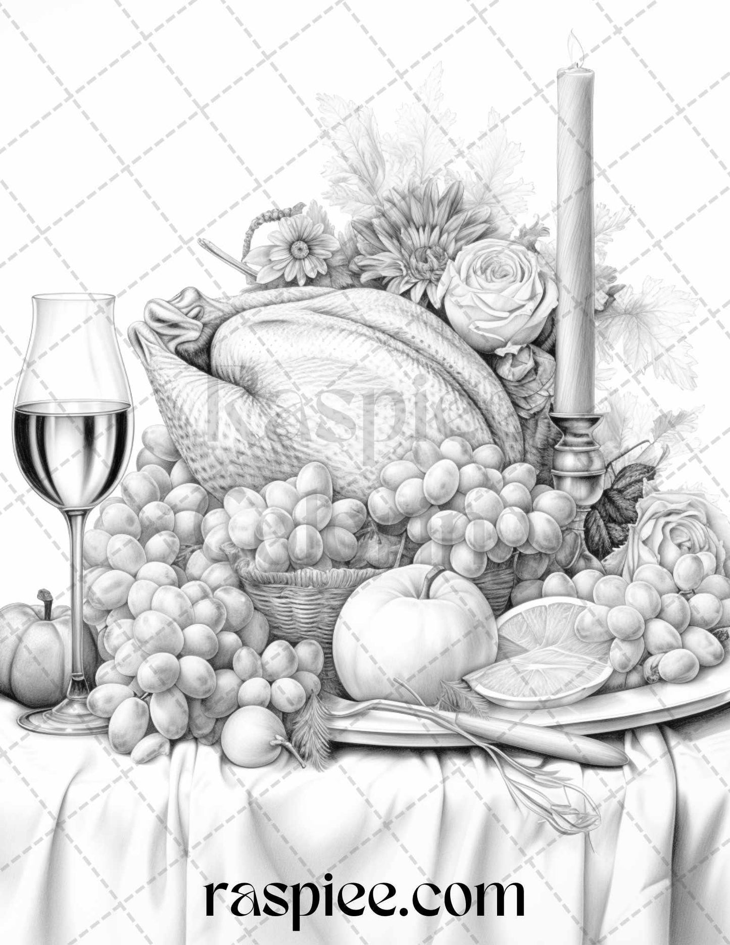 Thanksgiving Dinner Grayscale Coloring Pages for Adults, Relaxing Fall Coloring Sheets, Printable PDF File Instant Download