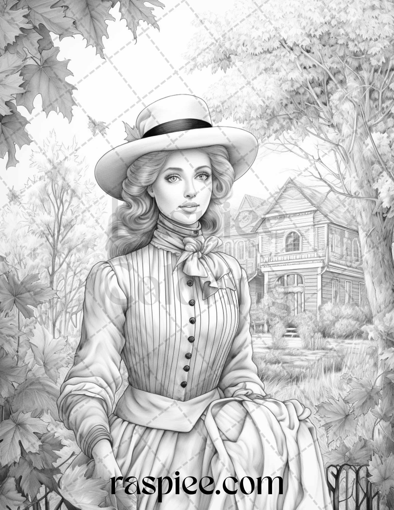 60 Victorian Autumn Portrait Grayscale Coloring Pages Printable for Adults, PDF File Instant Download