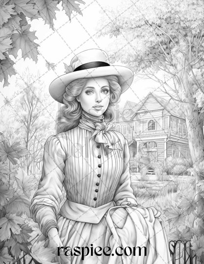 60 Victorian Autumn Portrait Grayscale Coloring Pages Printable for Adults, PDF File Instant Download