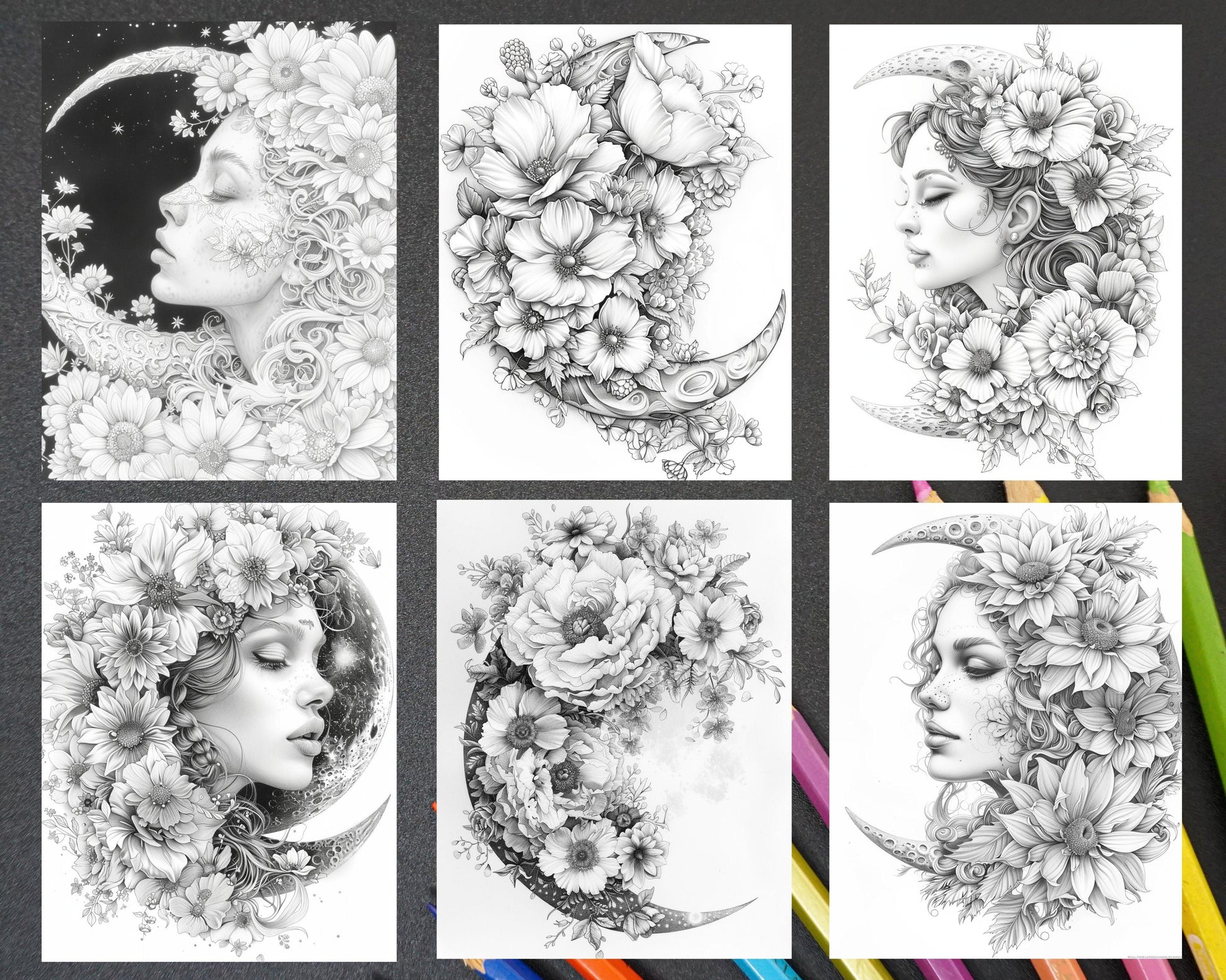 60 Boho Moon Floral Grayscale Adult Coloring Pages Printable PDF Instant Download