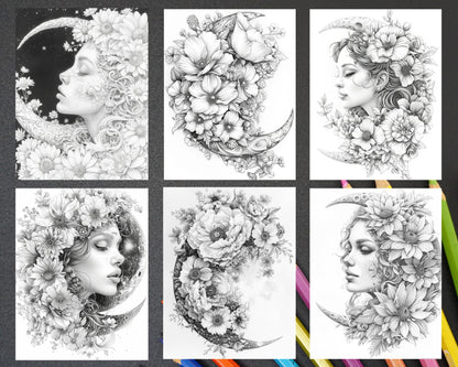 60 Boho Moon Floral Grayscale Adult Coloring Pages Printable PDF Instant Download