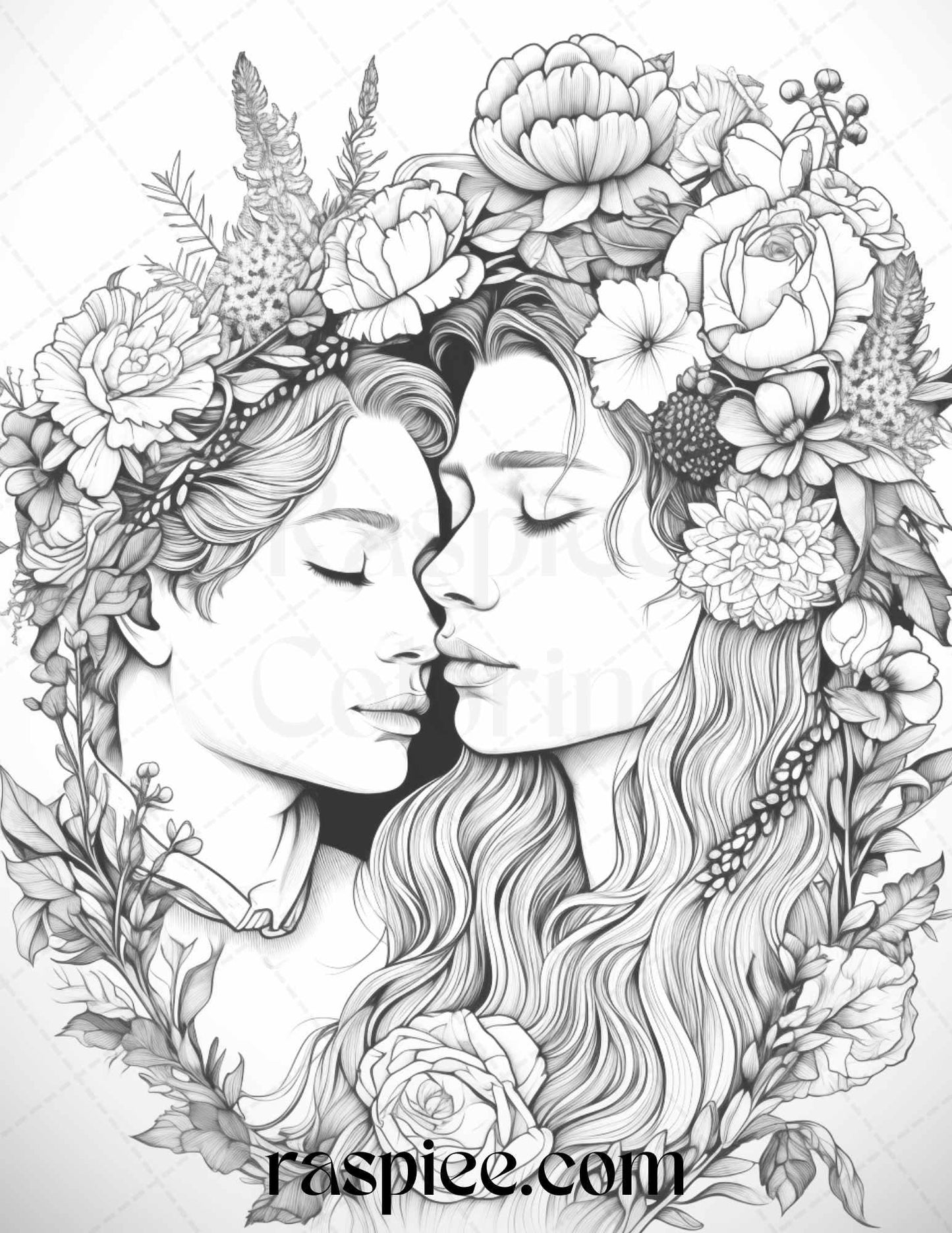 50 Romantic Couple Flowers Grayscale Coloring Pages Printable for Adults, PDF File Instant Download