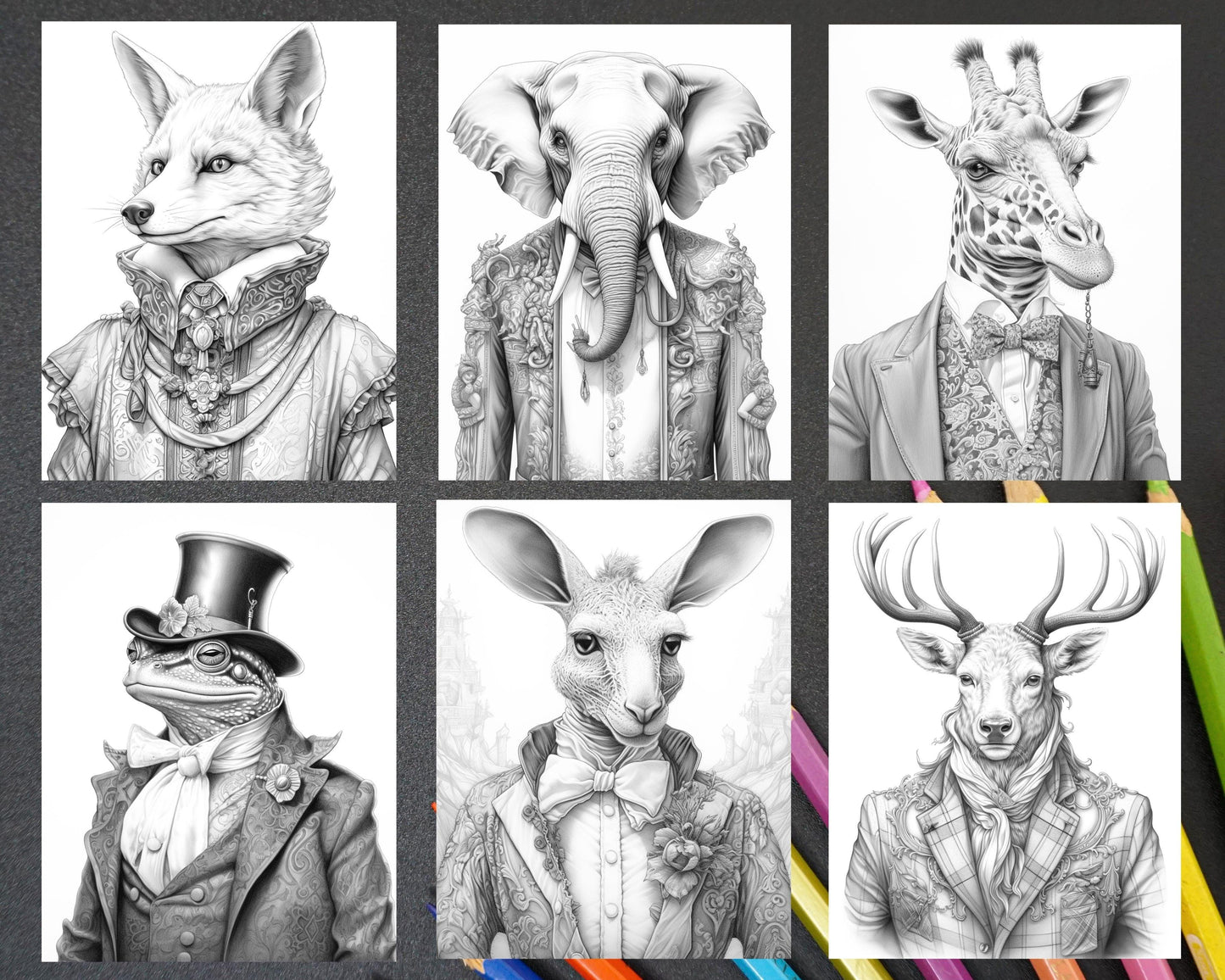 80 Gothic Animals Grayscale Adult Coloring Pages, Printable PDF Instant Download