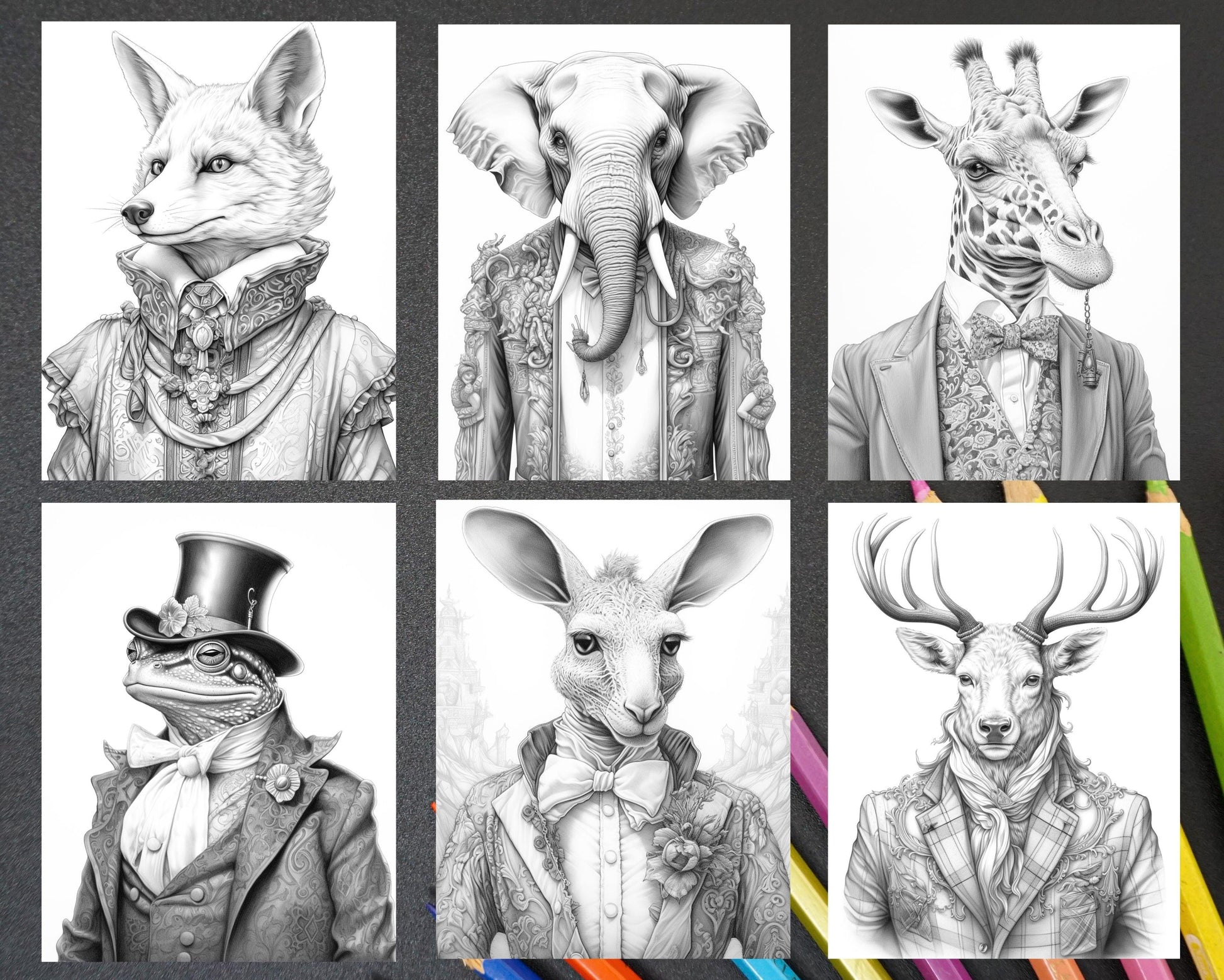 80 Gothic Animals Grayscale Adult Coloring Pages, Printable PDF Instant Download