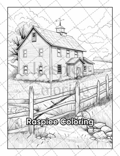50 Country Farm Scenes Adult Coloring Pages Printable PDF Instant Download