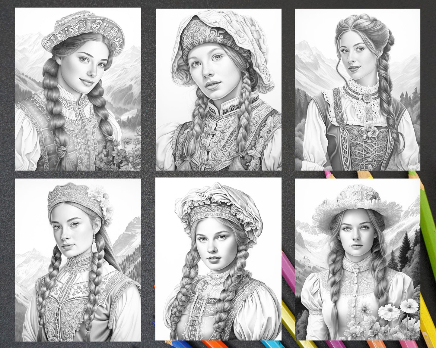 55 Traditional Swiss Girls Grayscale Adult Coloring Pages, Printable PDF Instant Download