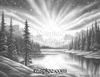 Aurora Borealis Landscape Grayscale Coloring Pages for Adults, Printable PDF File Instant Download