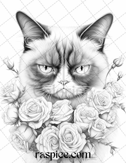 50 Grumpy Cat Grayscale Coloring Pages Printable for Adults, PDF File Instant Download