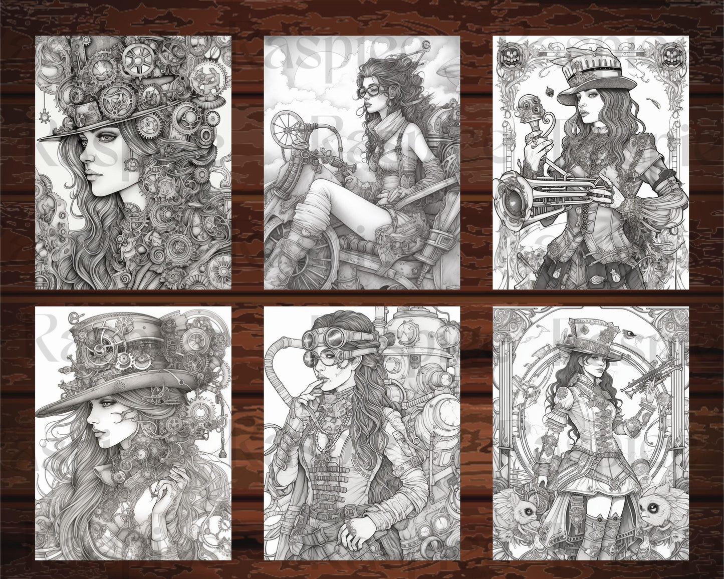 30 Steampunk Girls Coloring Pages Printable for Adults, Victorian Inspired Adult Grayscale Coloring Book, PDF File Download