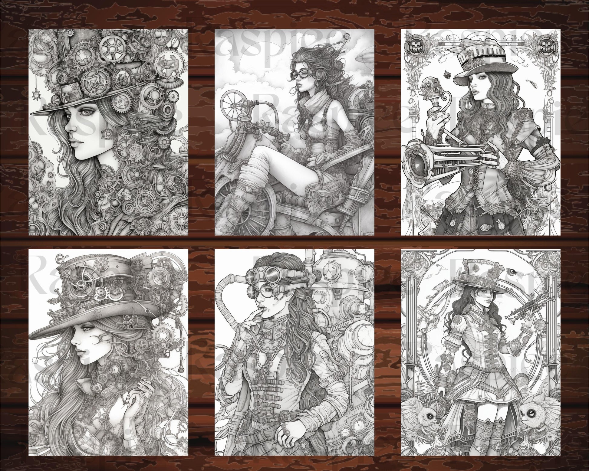 30 Steampunk Girls Coloring Pages Printable for Adults, Victorian Inspired Adult Grayscale Coloring Book, PDF File Download