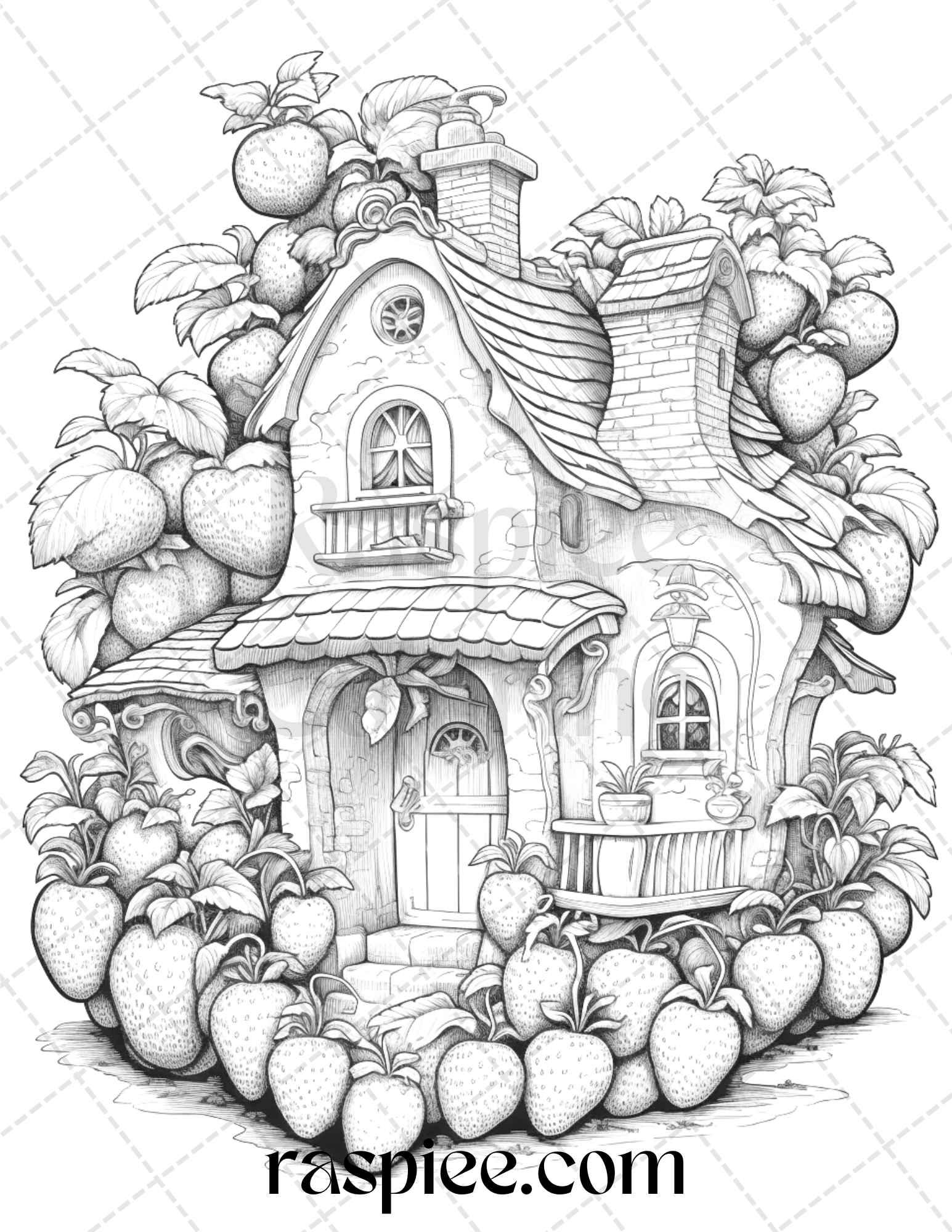 50 Strawberry Houses Grayscale Coloring Pages Printable for Adults Kids, PDF File Instant Download