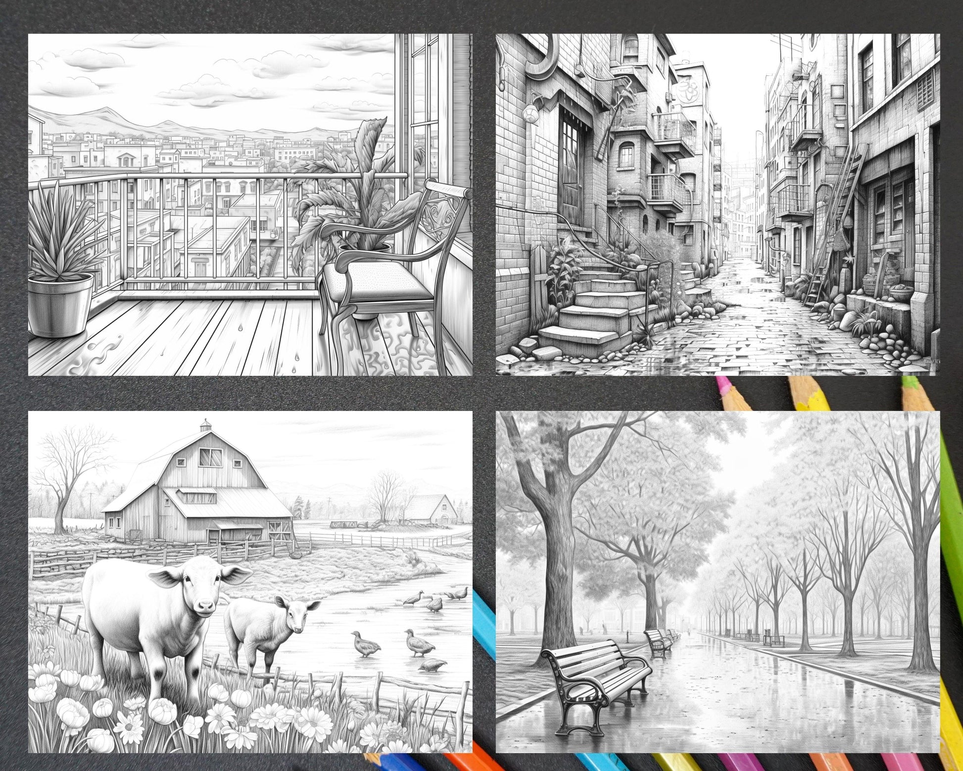 60 Spring Rainy Day Landscapes Grayscale Adult Coloring Pages, Printable PDF Instant Download