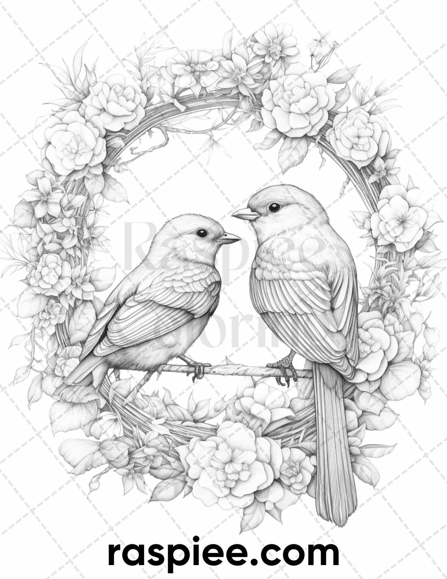 50 Lovebird Couple with Flowers Grayscale Coloring Pages for Adults, Printable PDF Instant Download